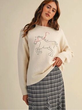 Horse Embroidered Ivory Knit Sweater NWT | &merci | S